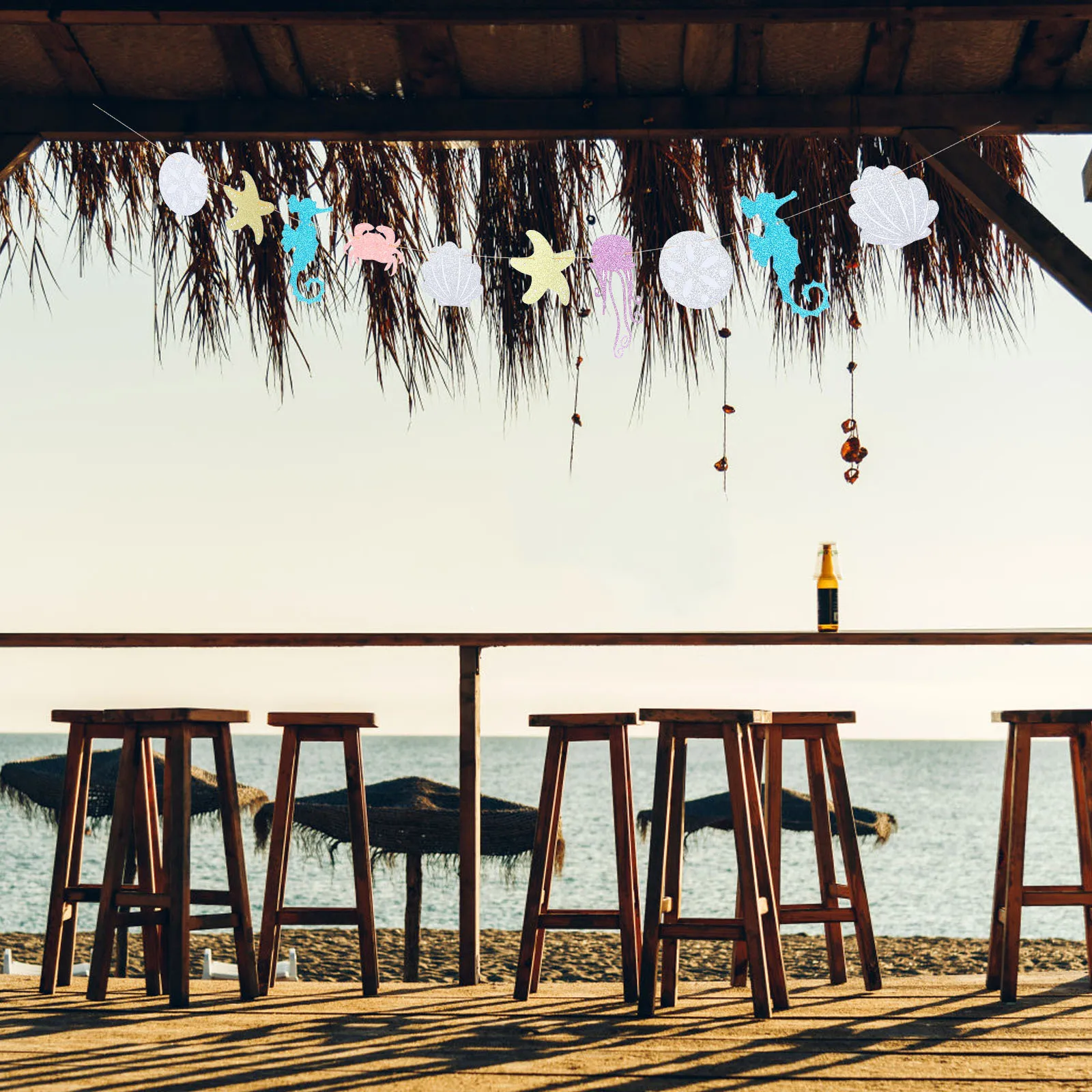 

Seashell Garland Hawaiian Luau Decoration with Glittery Seahorse Jellyfish Crab for Summer Pool Party Birthday Event