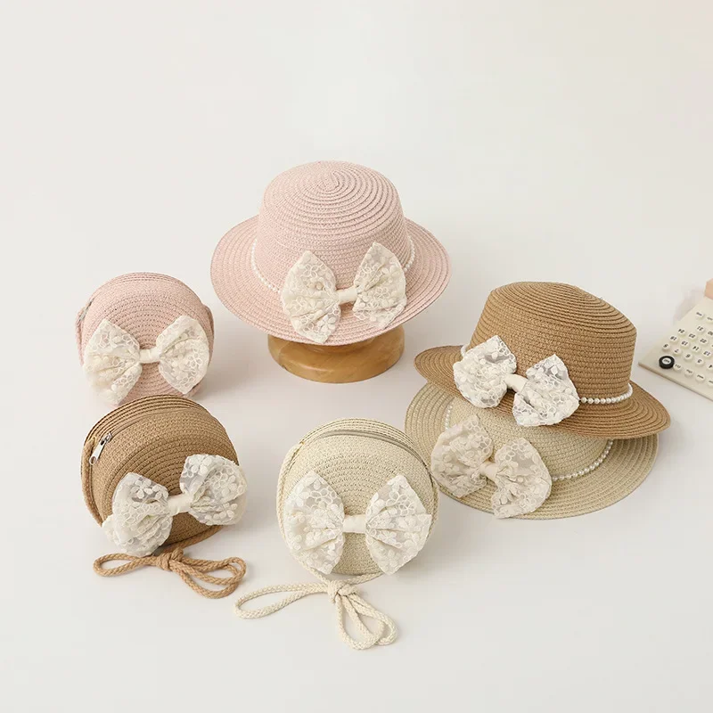 Little Girls Handwoven Straw Hat And Shoulder 2pcs set Summer Crossbody Bag Kids Baby Princess Bowknot Beach Sun Cap