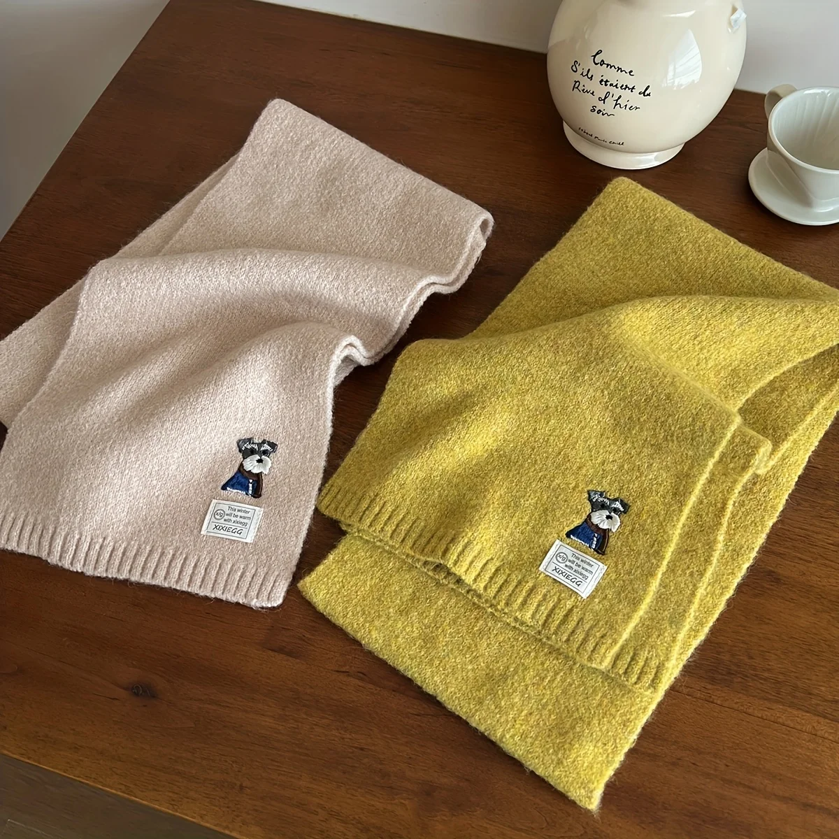1pc of Wool Winter Embroidered Fold-ear Dog Wool Solid Color Scarf, Unisex Warm Cold-proof Single-color Versatile Neck Warmer, Elegant Cute Casual Street Windproof Cold- Decorative Scarf