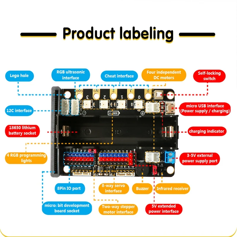 Placa de extensão para Micro:Bit V2.0, suporta 8 servos e 4 motores DC, receptor infravermelho a bordo, luzes RGB