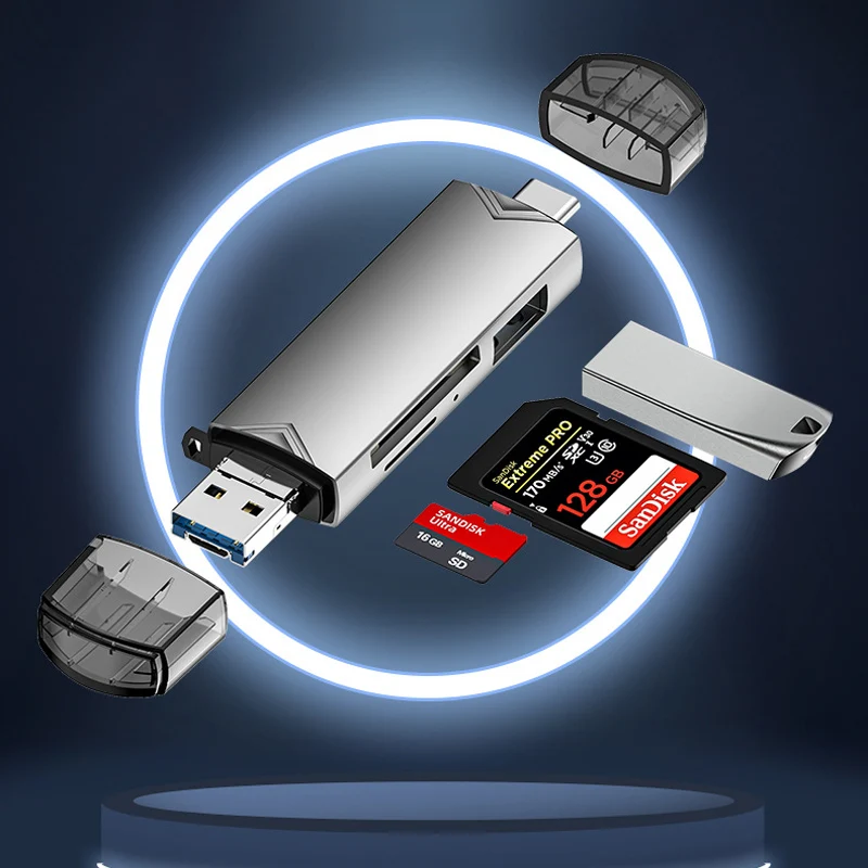 6 in 1 Card Reader with 5Gbps High-speed Transmission for PC Laptop Phone suport USB.30/Type C to read Memory Card SD/TF card