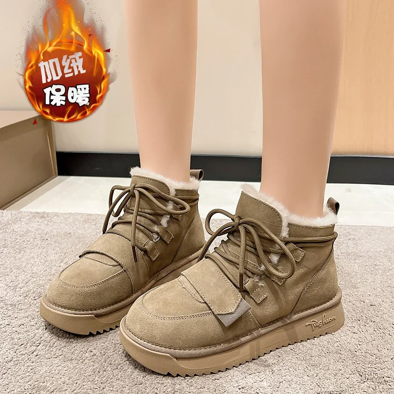 Winter Cow Suede Leather Women Snow Boots New Fashion Khaki Lace Up Mid Heel Platform Boots Plush Warm Non Slip Shoes for Women