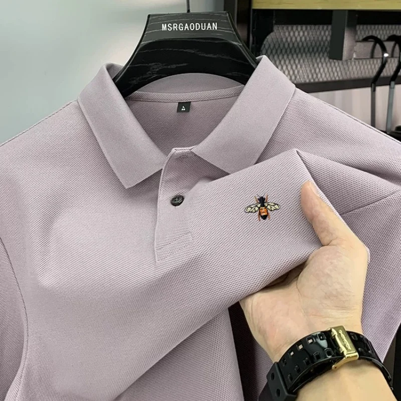 

Роскошная рубашка-поло из 100% чистого хлопка с длинными рукавами мужская осенняя новая модная брендовая повседневная удобная футболка с лацканами и вышитыми пчелами