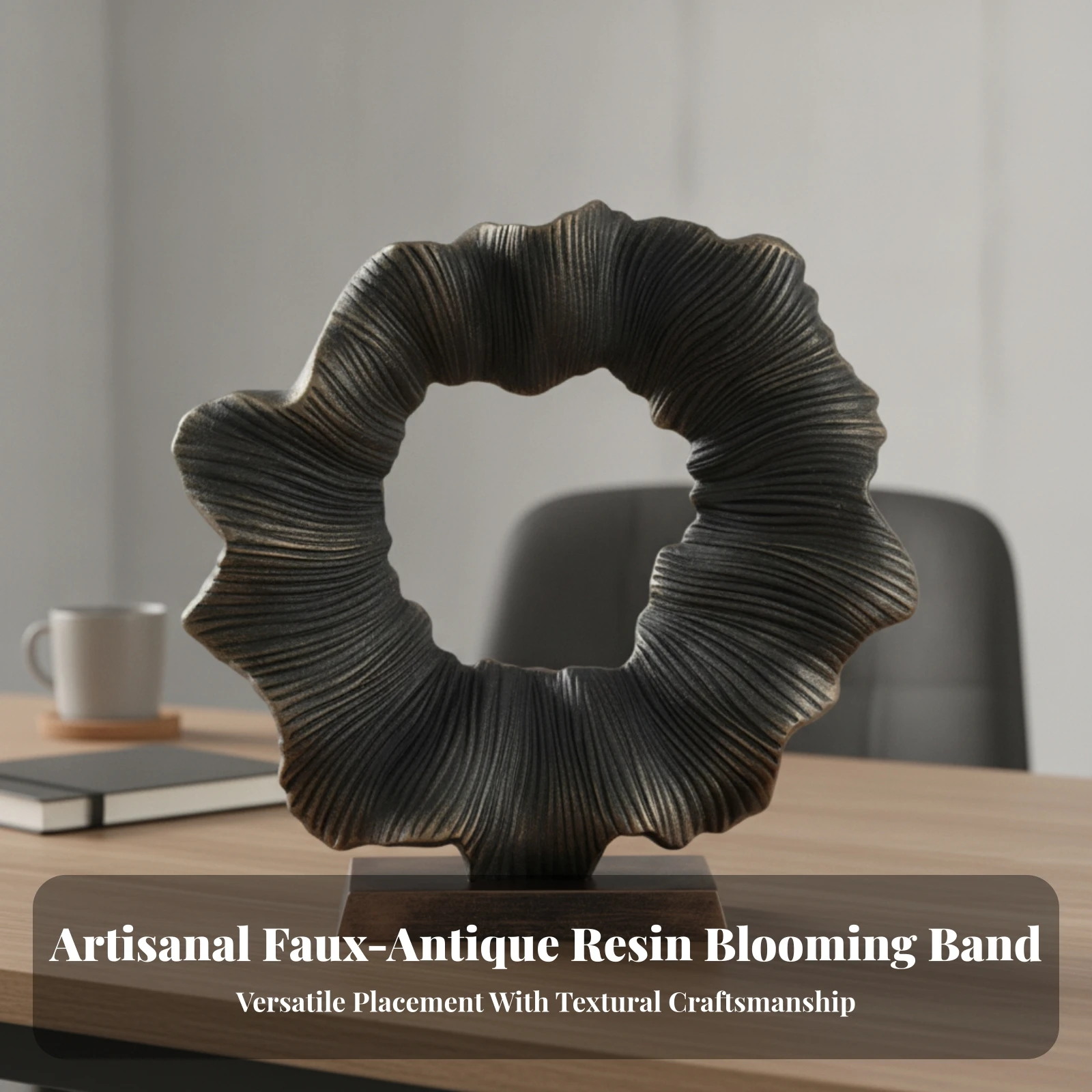 Hollow Circular Statue Antique-Style Ribbed Abstract Statue Abstract Resin Sculpture Decorative Sculpture with Pedestal Base