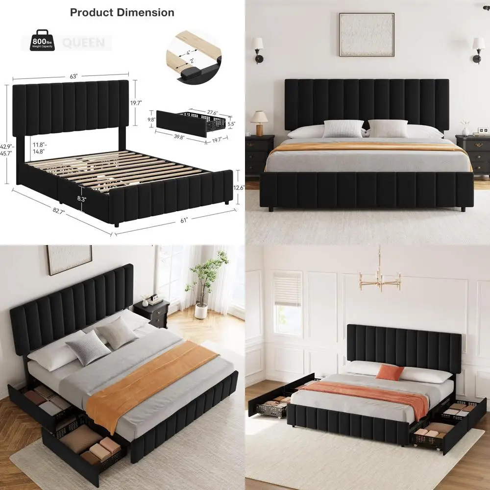 

Кровать-платформа размера Queen с льняной обивкой, 4 выдвижными ящиками для хранения, регулируемой высотой, без пружинного блока, простая сборка, черная