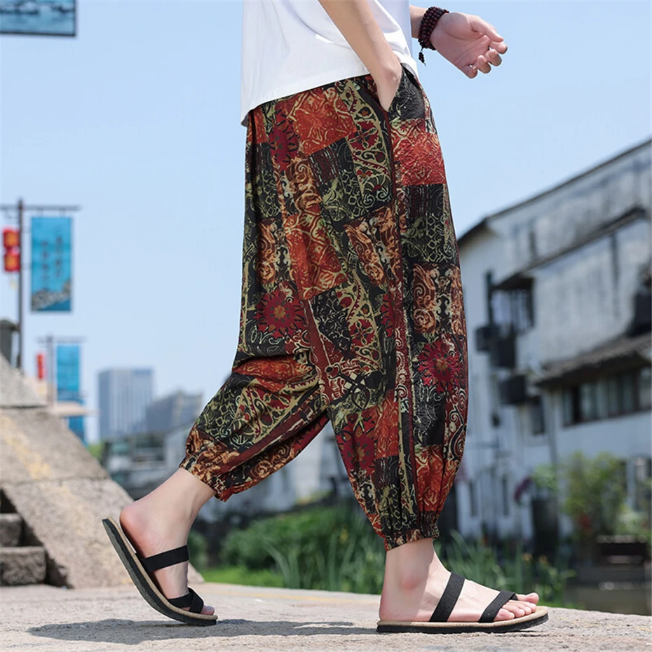 Large Size Harem Pant Mens Summer Thin Vintage Print Casual Trousers Men Harajuku Chinese Style Baggy Ankle Length Pants Male
