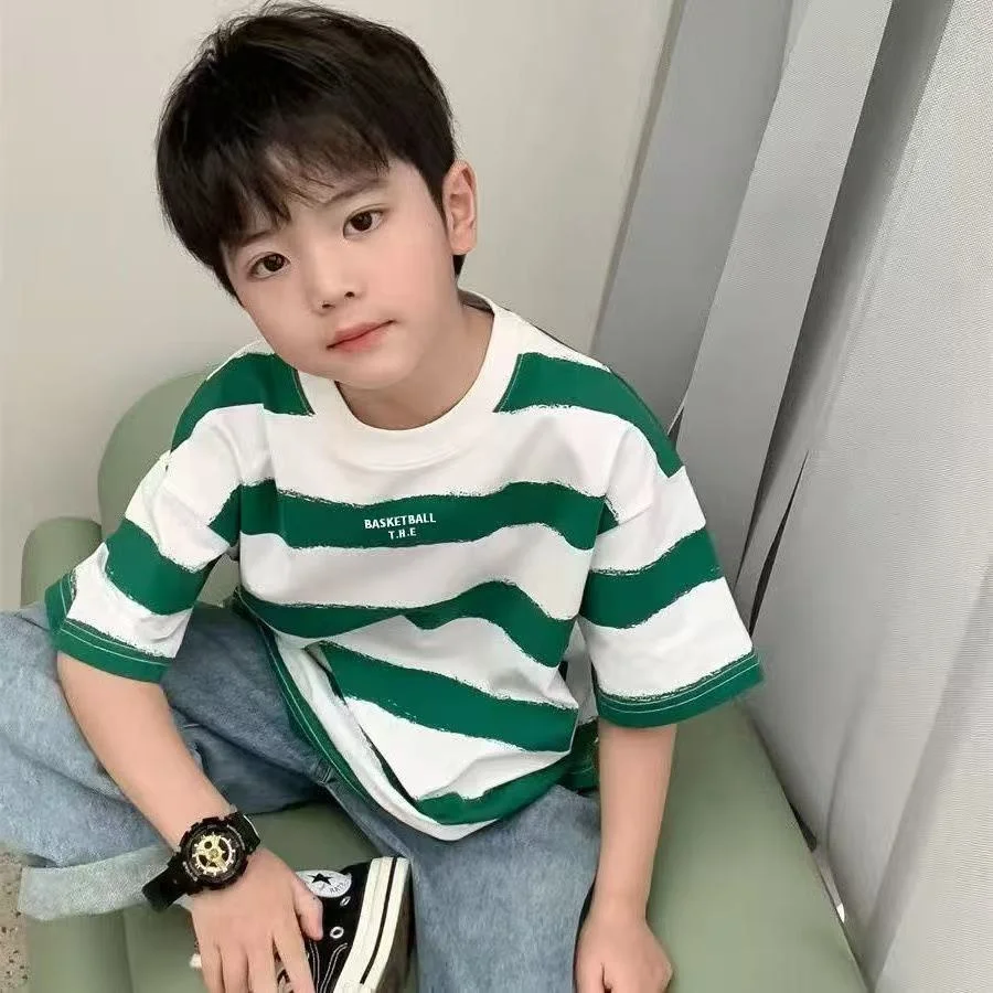 Retro Colour-block Striped Children's Short-sleeve T-shirt for Boys and Girls, Casual and Versatile, Breathable and Non-stuffy