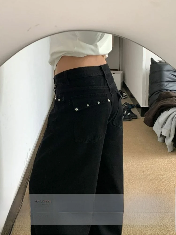 

plus Size American Retro ket Embedded Diamond Bla Jeans Women's Spring New Sle Slim High Waist Straight Leg Long Pants