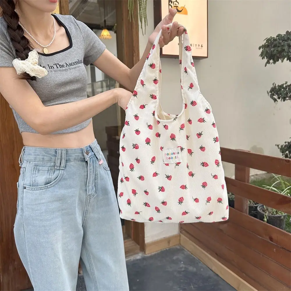 

Large Capacity Strawberry Printing Shoulder Bag Fruit Versatile Korean Style Handbag Leisure Sweet Corduroy Tote Bag Daily