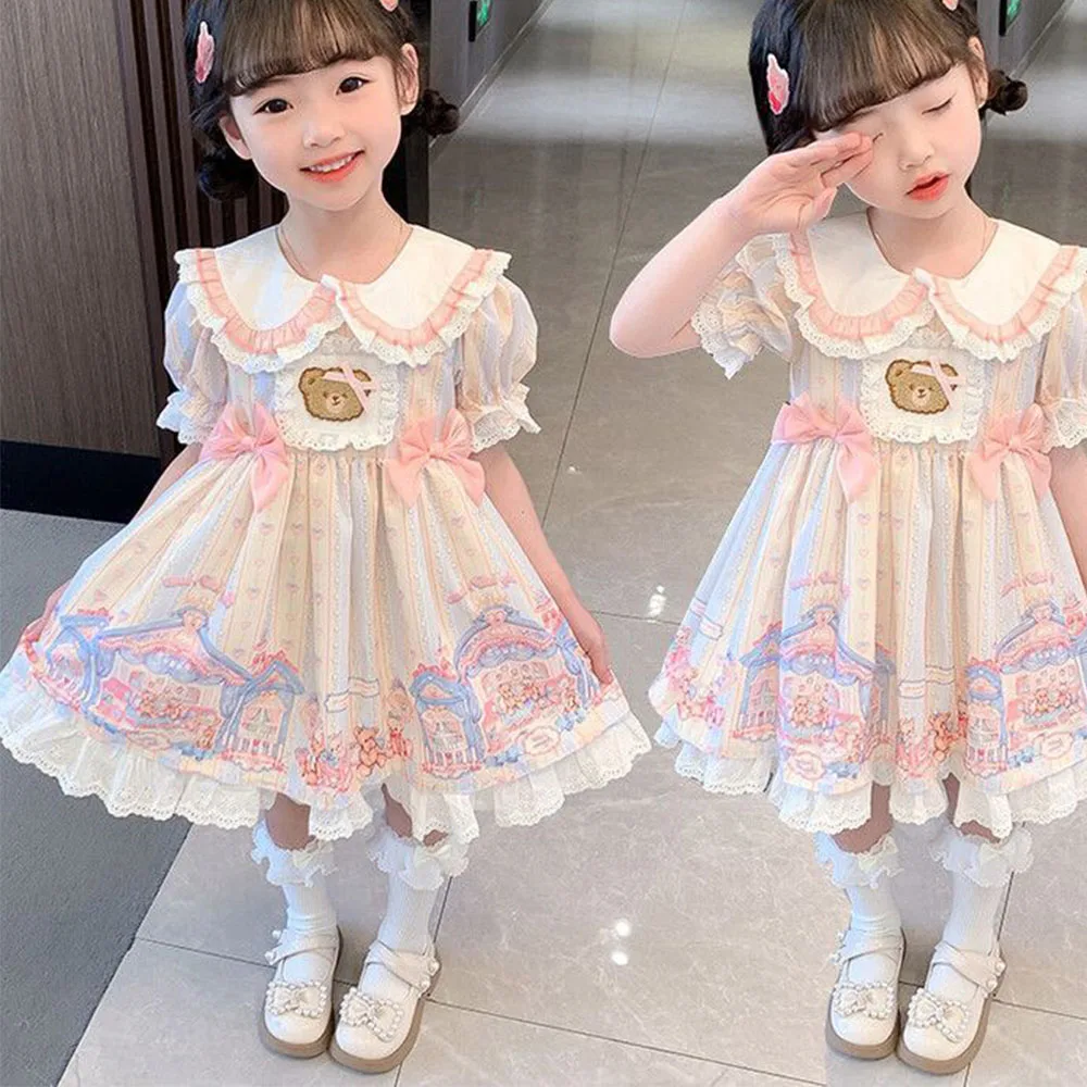 

Girl's Cute Bear Print Lolita Dress Lace Trimmed Peter Pan Collar Short Sleeved Princess Dress Sweet Pleated Children Party Set