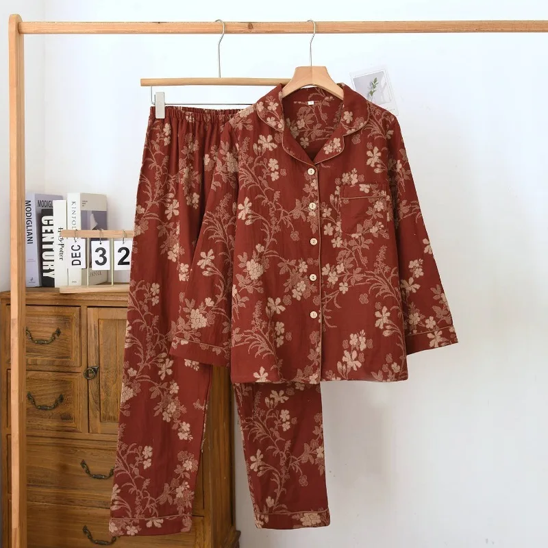 

2026 New Women's Spring and Autumn Pajama Set 100% Cotton Color Knitted Chinese Long Sleeve Large Home Furnishing Two Piece Set