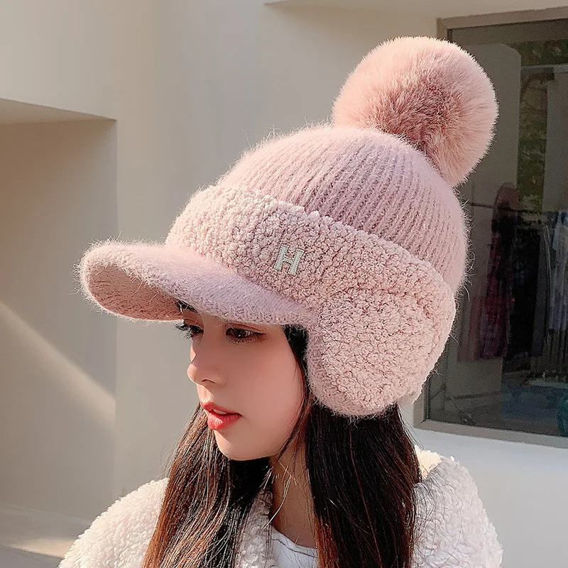 CNTANG Winter Women Ear Protection Baseball Cap Letters Thickened Fur Ball Caps Fashion Knitting Warm Ladies Duck Tongue Hat