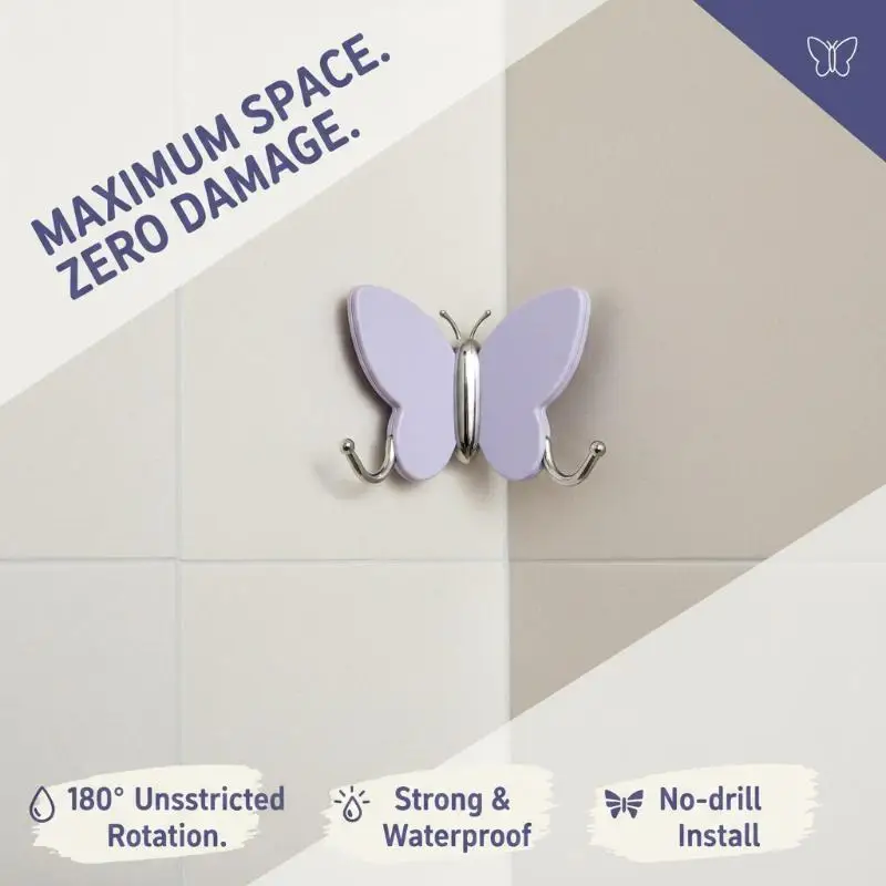 No Drill Cute Butterfly Adhesive Wall Hooks 3 Pcs Rotatable Sticky Hangers for Kitchen Bathroom Door Hat Hanging