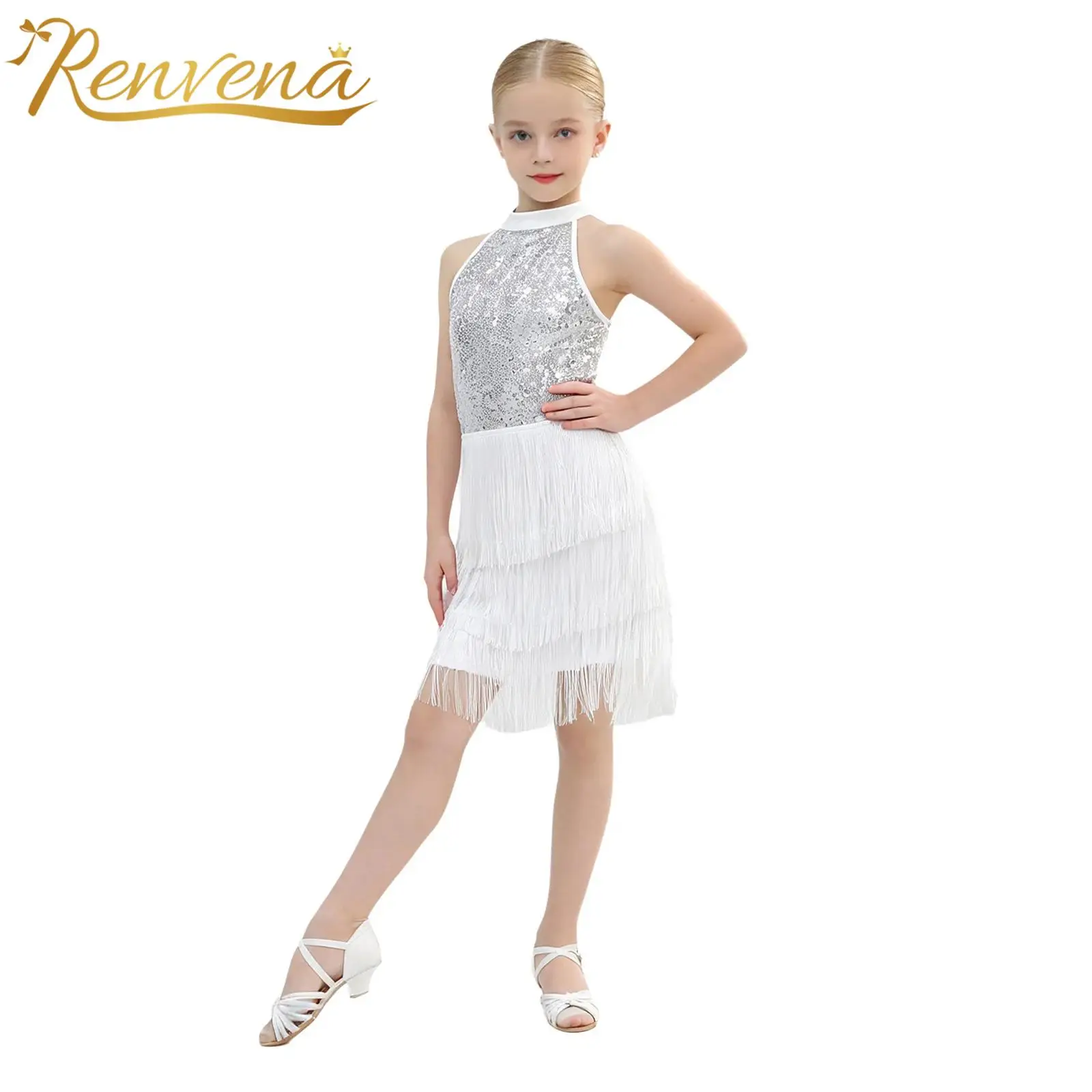Kids Girls Fringed Dresses Latin Dance Outfit Salsa Tango Halter Sequin Tassel Dress for Stage Performance Chacha Dancewear