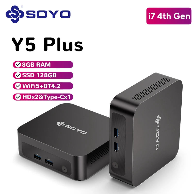 SOYO Y5 Plus Mini PC Intel i7 4th CPU with Win11Pro 8GB RAM 128GB M.2 SSD Supports Dual 4K Displays Type-C for office&business