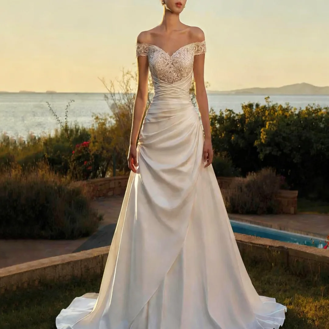 Abiti da sposa eleganti personalizzati in raso con spalle scoperte Sweetheart Appliques in pizzo A Line Abiti da festa formali per la sposa