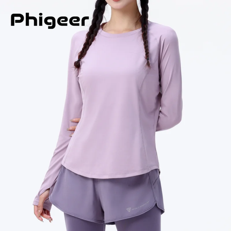 

PHIGEER Autumn Loose Fit Yoga Tops Women Long Sleeve Gym T-shirt Breathable Sports Shirt Lightweight Quick Dry Running Tee New