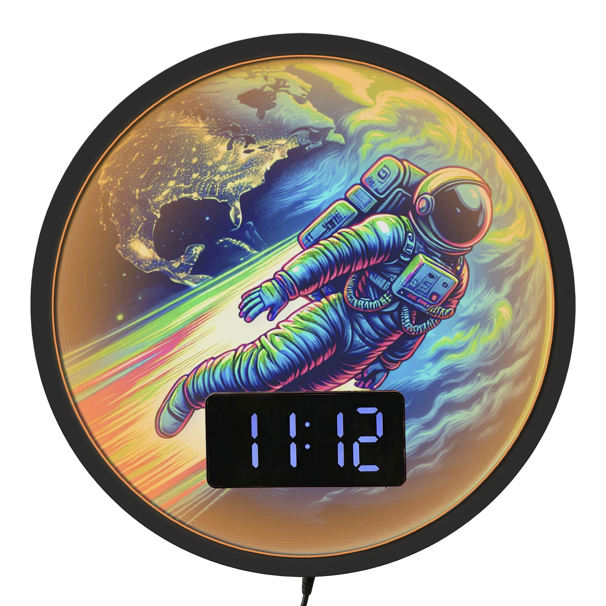 Astronaut Flying on Earth LED Digital Wall Clock with Temperature Calendar Date Cosmic Outer Space Home Decor Backlit Wall Clock