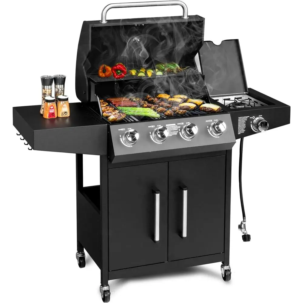 

4-Burner Propane Grill with Side Burner, Porcelain-Enameled Grates, Side Shelf, and Portable Wheels for Outdoor BBQ and Patio Co
