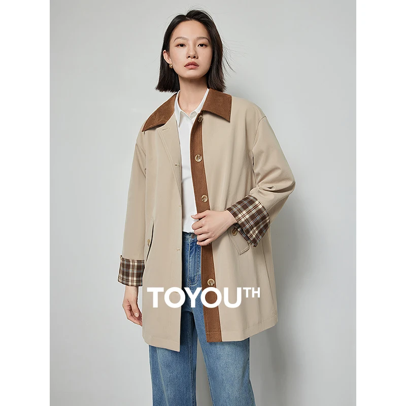 

TOYOUTH Women Trench Coat 2024 Spring New Maillard Style Single Breasted Button Contrast Classic Stripe Khaki Windbreaker Coat