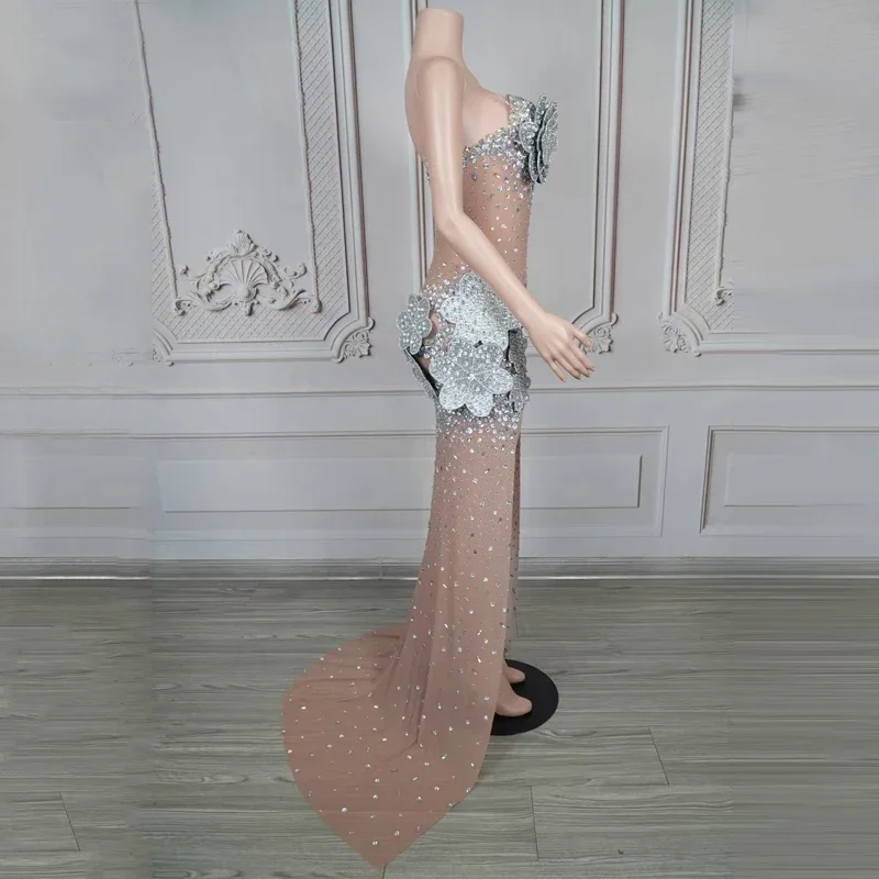 Strass robe de soirée fleur gala tenues d'anniversaire femmes chanteur scène défilé Festival tenue Performance tenue de fête