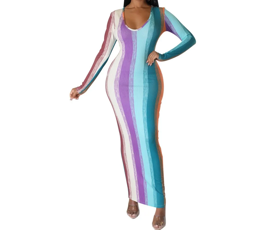 Damen Gestreiftes Geripptes Bodycon Maxikleid Langarm Rundhalsausschnitt Figurbetont Buntes Lässiges Partykleid – Detail 5