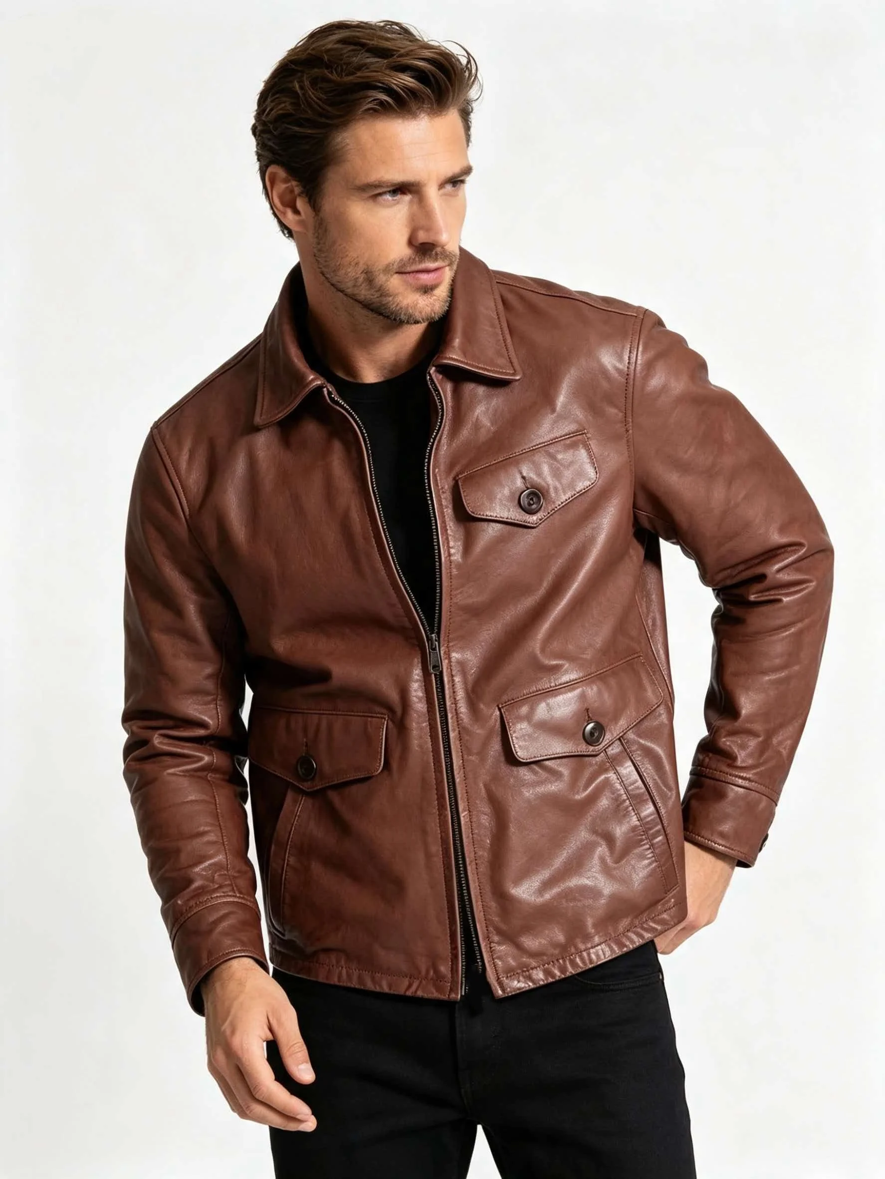 Light Brown Autumn Leather Jacket Men Retro Style Plus Size 4XL Genuine Natural Cowhide Turn-Down Collar Smart Casual Coat