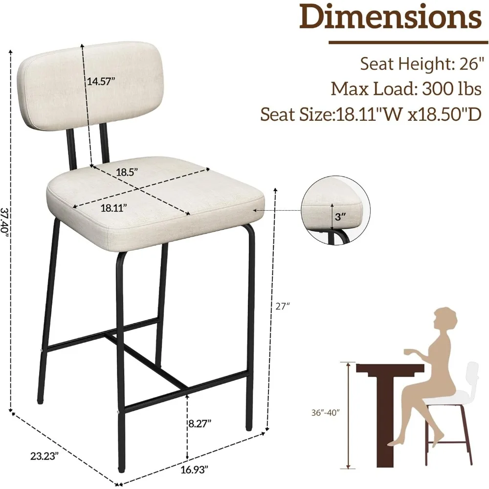 Counter Height Bar Stools Set of 2,  Barstools Set of 2, Fabric Kitchen Stools with Back Wide Seat Footrest Metal Legs