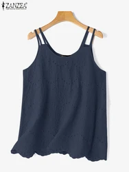 ZANZEA Summer Vacation Tunic Tops Women 2024 Fashion Solid Color Hollow Out Embroidery Tanks Loose Sleeveless Casual Blouses