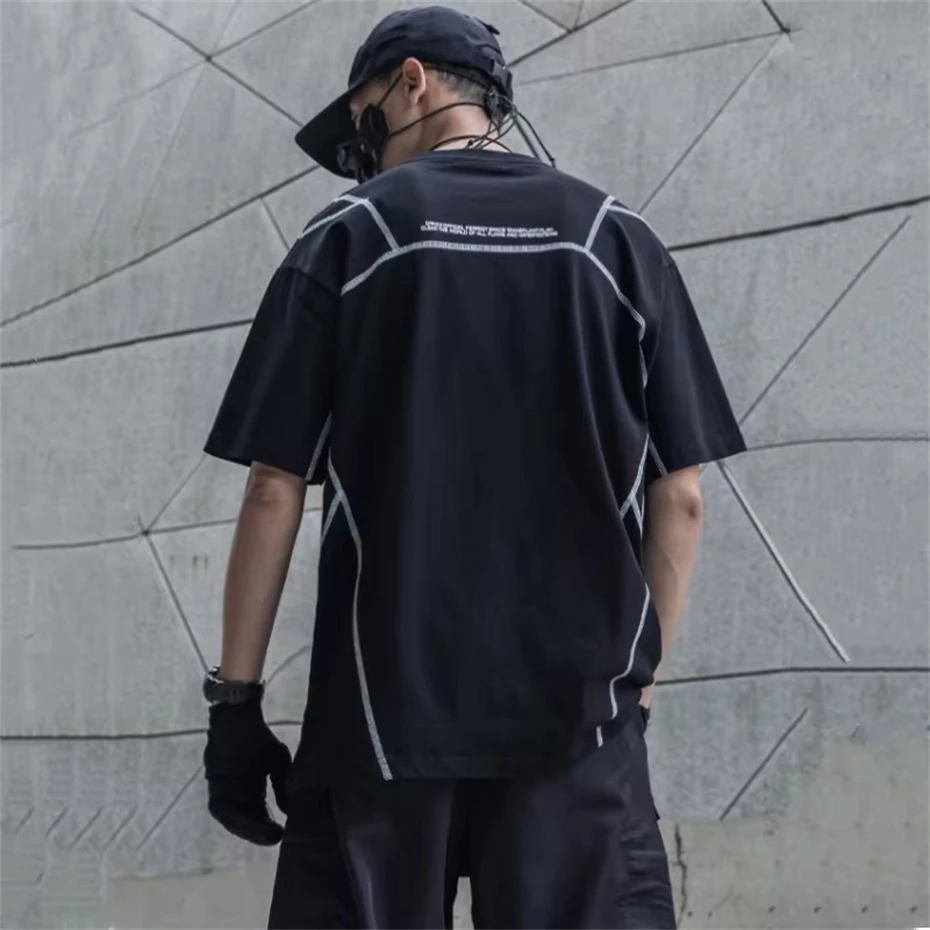 Tactical Short Sleeve T-Shirt Men Harajuku Line Design Casual T Shirt Men Function Streetwear Hip Hop Punk Oversized Tees Tops