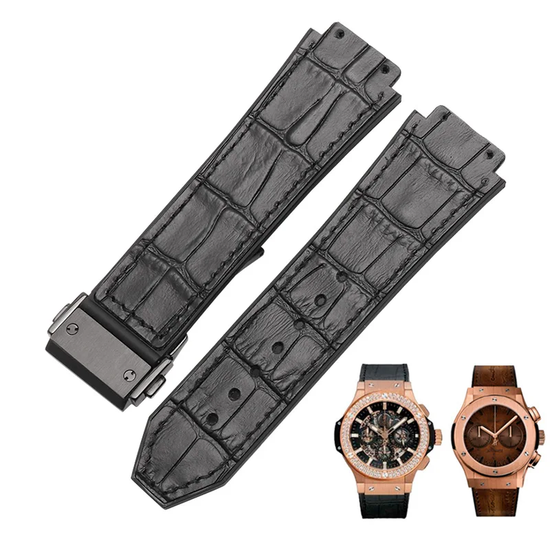 Cow Leather Watchband Men's Suitable For HUBLOT Genuine Leather Folding Buckle Watch Chain Convex Mouth 19mm