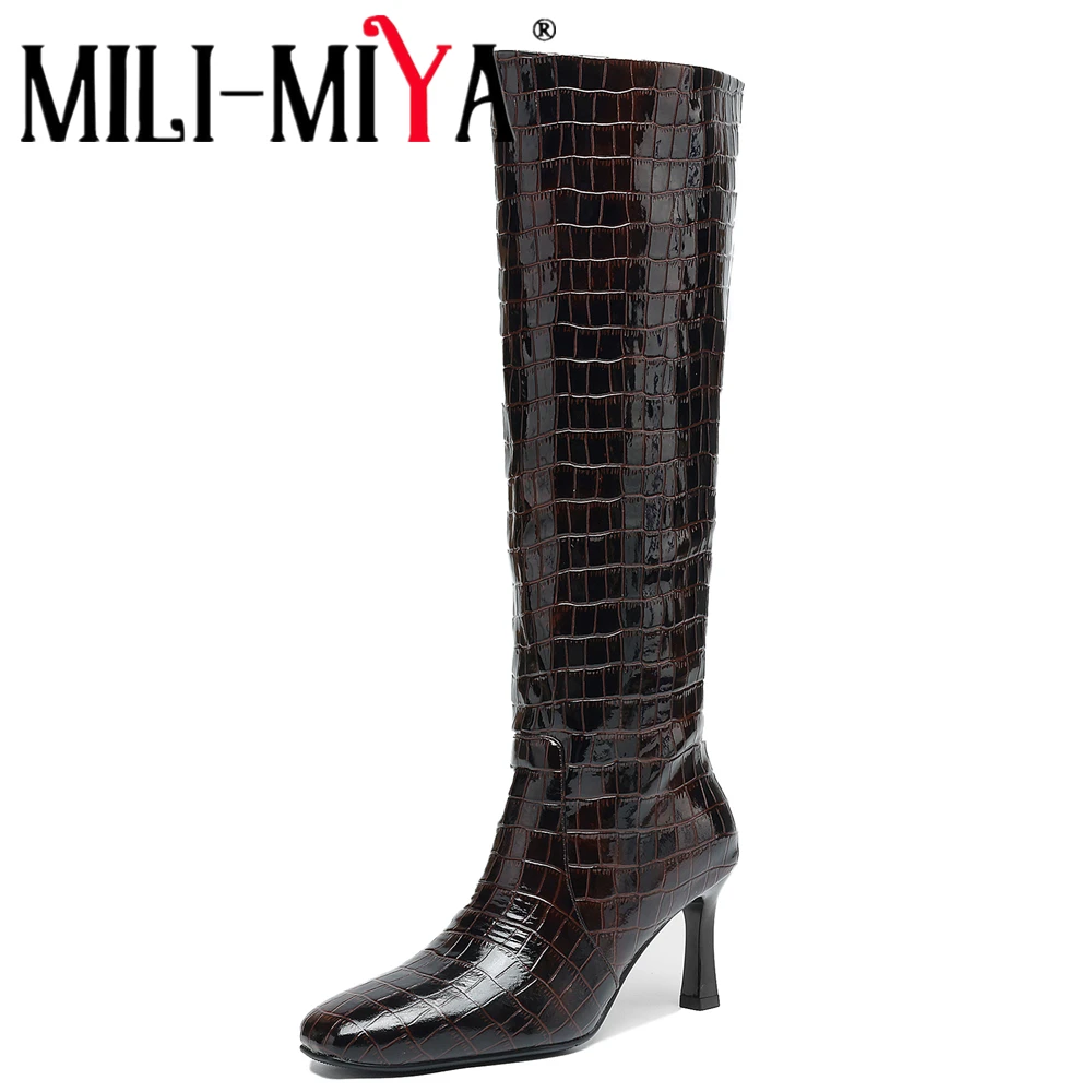 MILI-MIYA Women's New Stone-Patterned Cow Leather Knee High Boots With Square Toes Thin Heels Solid Colors And Large Sizes 34-42