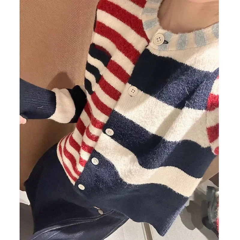 Japanese Knitted Sweater Retro College Wind Blue Red Contrast Stripe Round Neck Asymmetric Cardigan Small Fragrant Sweater Women