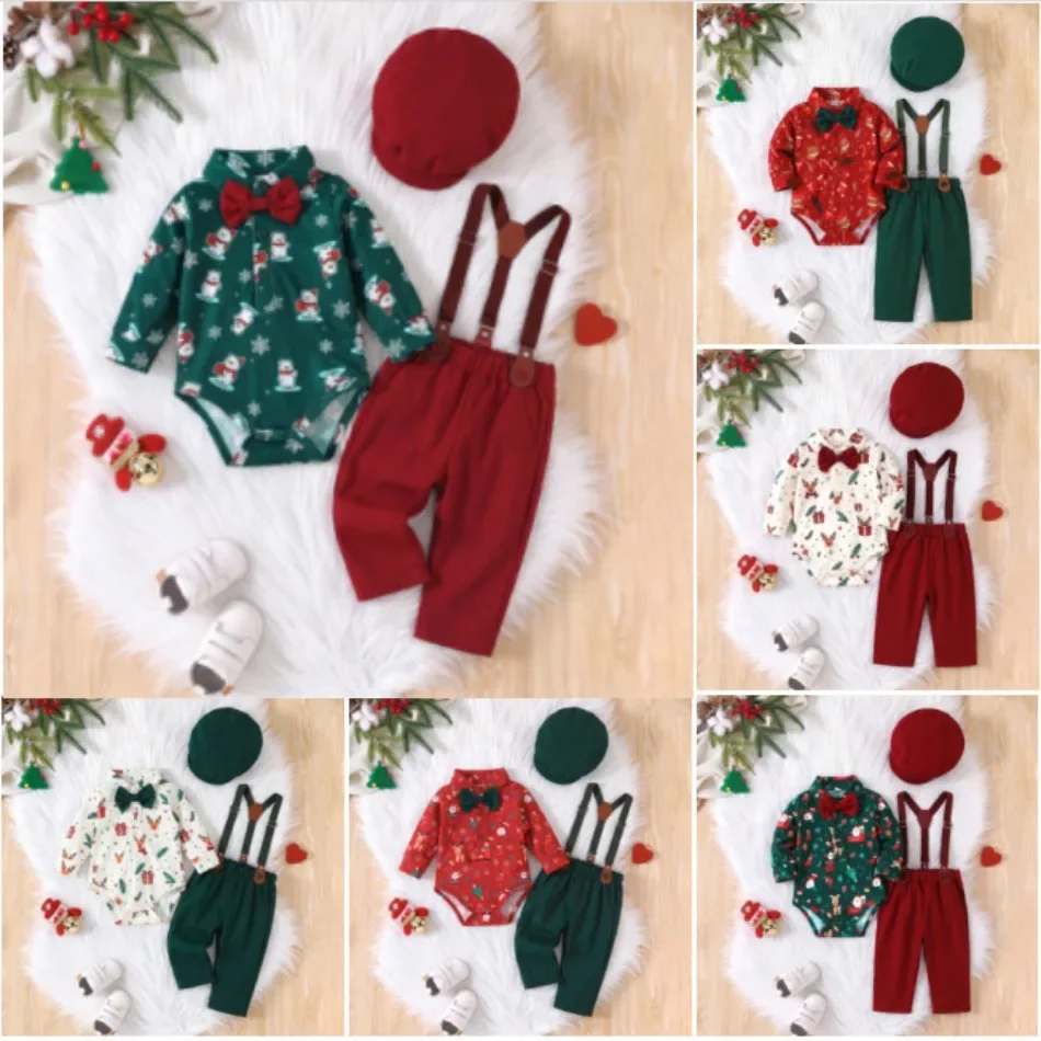 Baby Boys Christmas Romper Suspender Pants Beret Hat 3Pcs Set Christmas Portrait Newborn Gift Holiday Christening Outfit ZYD47