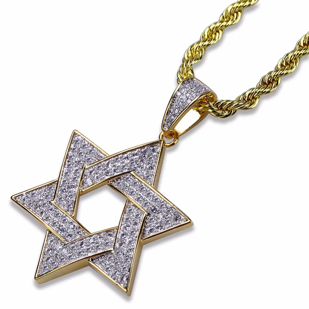 Hip Hop Bling Ice Out Full Rhinestone Gold Color Stainless Steel Hexagram Jewish Star of David Pendants Necklaces Men Jewelry