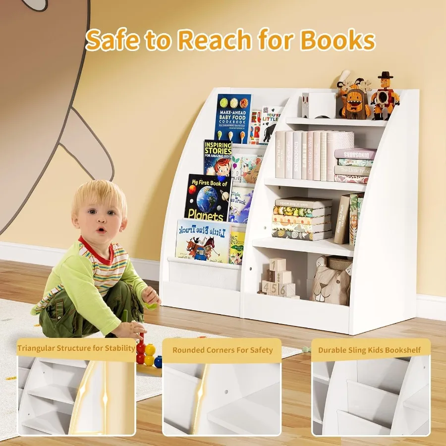 4 Tier Bookshelf Set of 2 for Nursery and 's Rooms Wooden Sling Storage Shelf with 4 Layers Ideal for Organizing Books and Toys