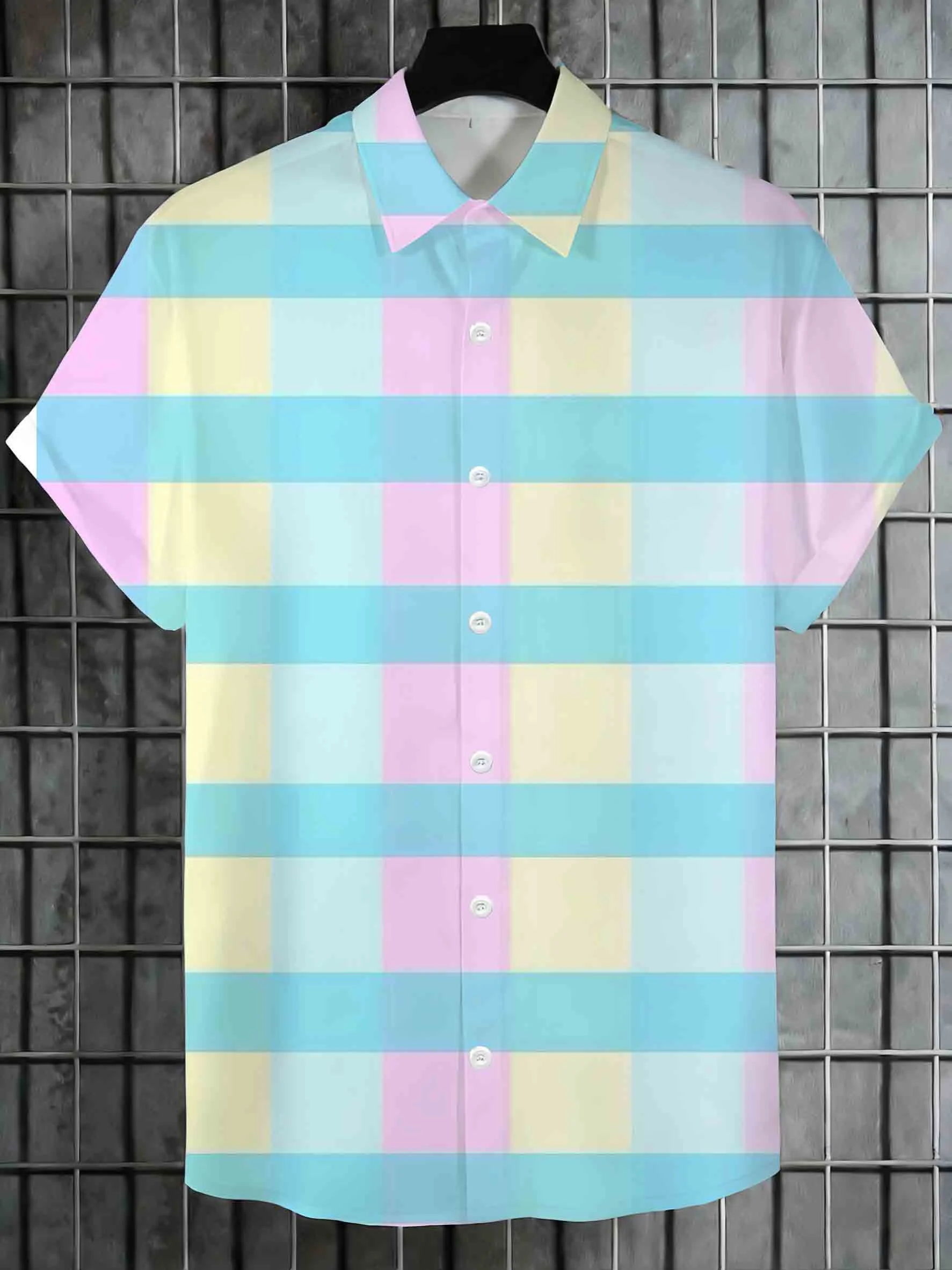 Men Short Sleeve Shirt Pastel Macaron Color Plaid Print Turn‑Down Collar Button‑Up Summer Top