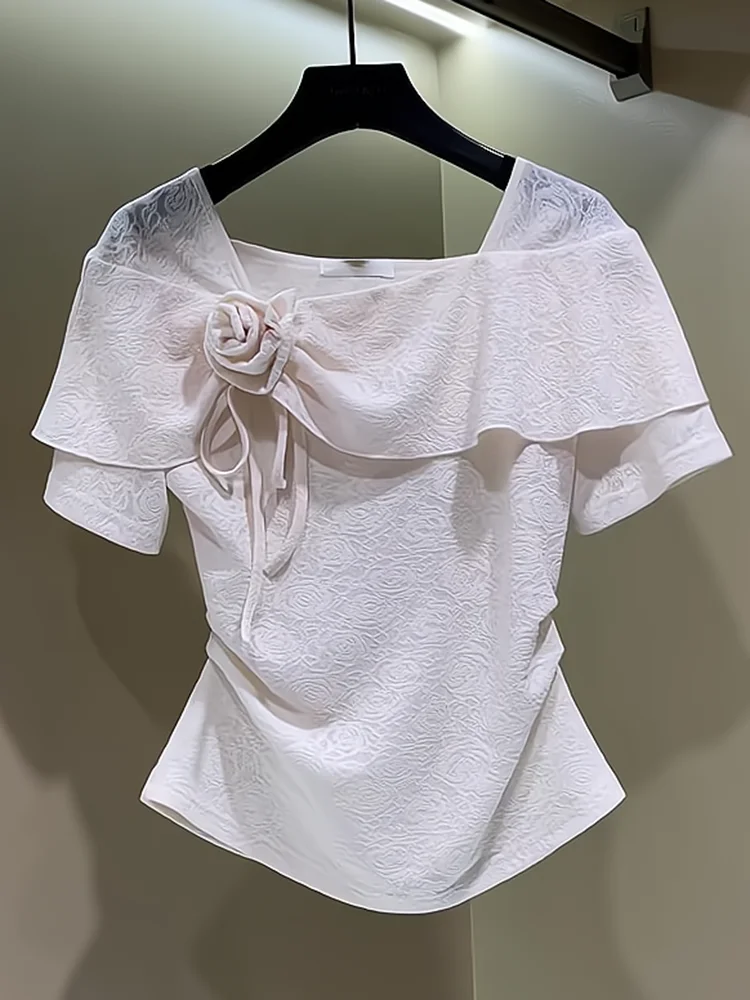

Slim Fit ort Sve T-irt Square Collar Summer New Sle Women's Clothing 3D Floral Design Versatile Casual Top