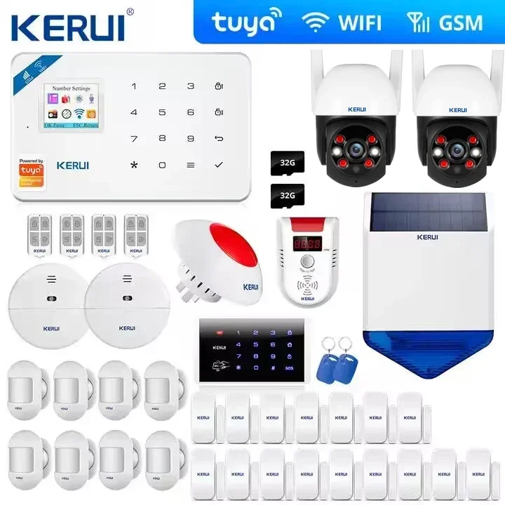 2025 KERUI W181 Tuya Alarm Kit Camera WIFI GSMHome Burglar Security System Curtain Motion Sensor Wireless Solar Siren IP Camera