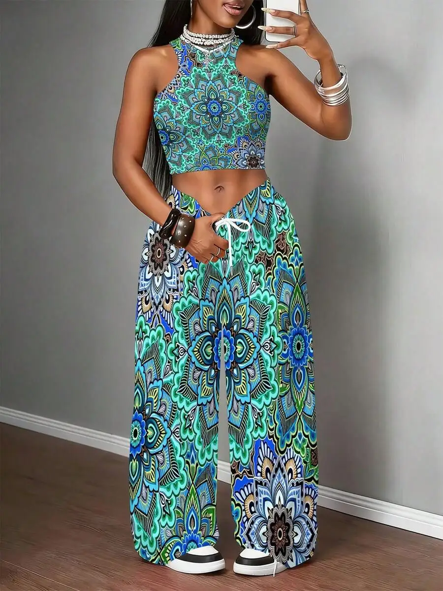 

Halter Top And Wide Leg Pants Set Blue Green Mandala Print Casual Summer Outfit