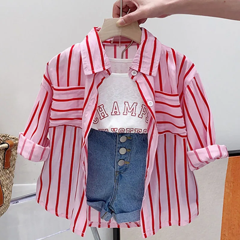 3PCS Children Girl Clothing Set Spring Summer Shirts+Outwear+Shorts Suit 3-8Y Kids Girl Clothes