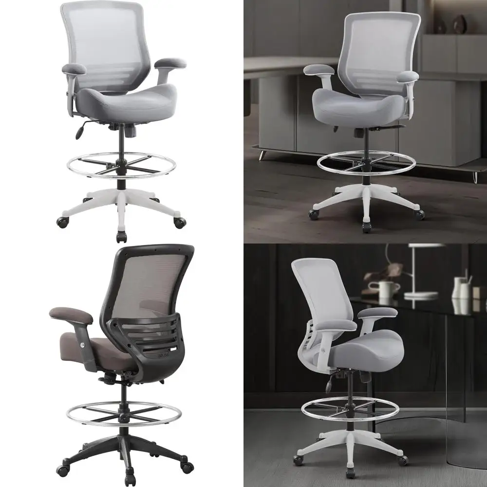 كرسي مريح لصياغة شبكية مع حلقة قدم قابلة للتعديل وارتفاع، سعة 400 رطل، كرسي مكتب رمادي مع مساند للذراعين #1