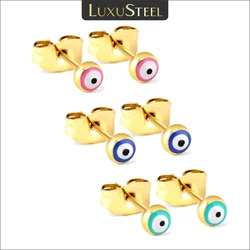 LUXUSTEEL 3Pairs Boho Colorful Round Evil Eyes Stud Earrings For Women Men Gold Plated Stainless Steel Turkish Ear Jewelry Set