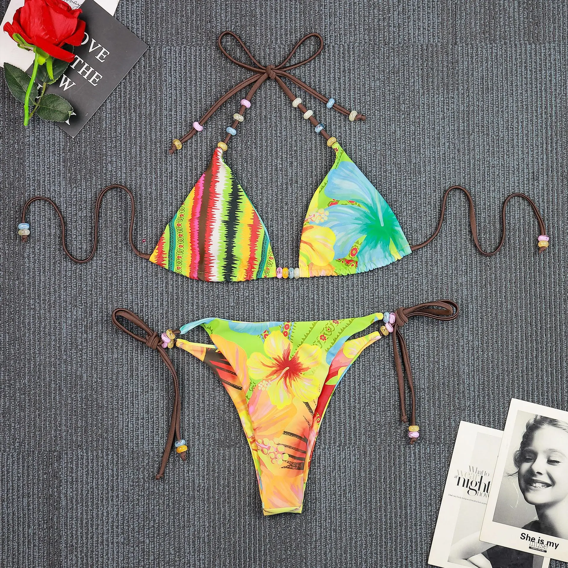 Hawaiian Floral Beaded String Bikini High Cut 2 Piece Swimsuit