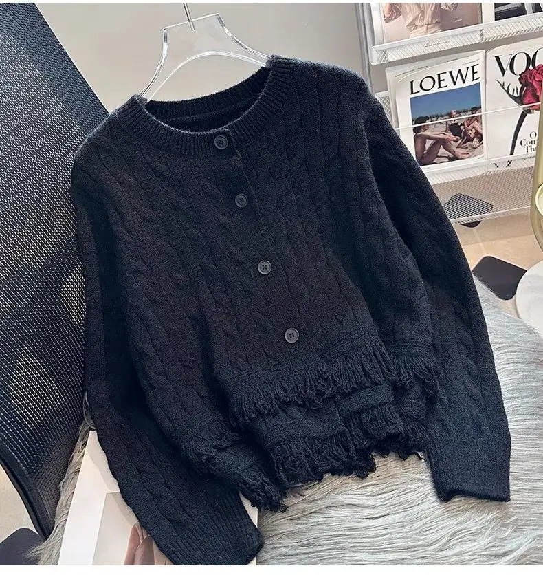 Autumn New Style Tassel Knit Slimming Long Sleeved Soft and Sticky Cardigan Jacket Top Retro Short Sweater