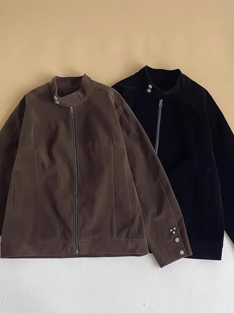 

Ретро американский коричневый замшевый жарингтон с воротником-стойкой, мужское пальто для пилота, осеннее чистое повседневное пальто из полиэфирного волокна