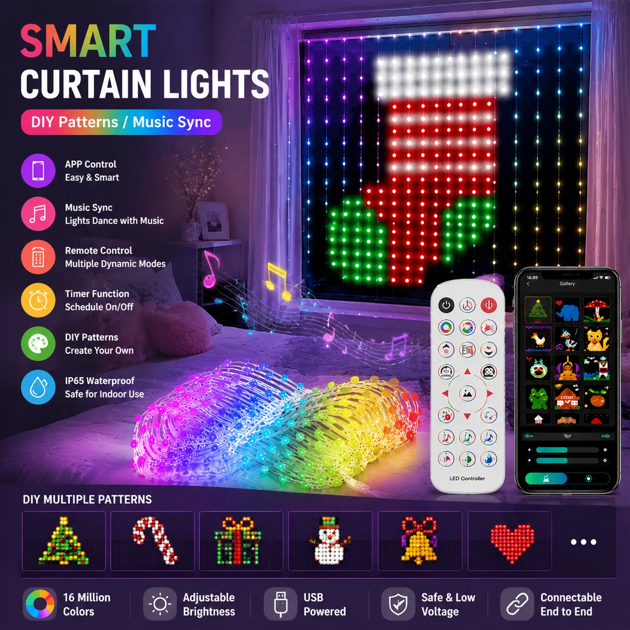 Fairy Light Curtain - Lampu Tirai Pintar RGB, Lampu LED