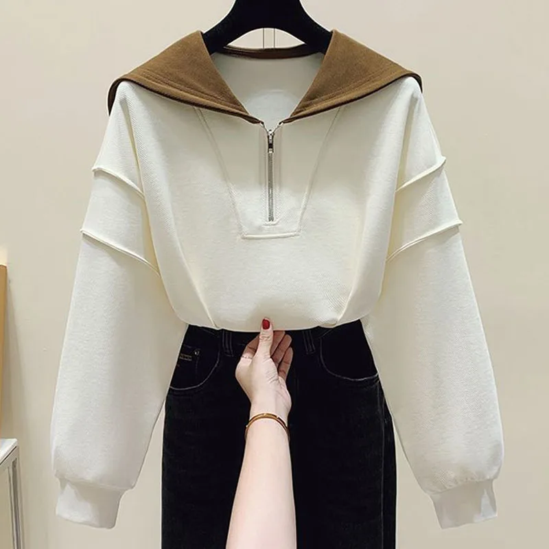 New Spring and Autumn Fashion Trend Patchwork Color Contrast Half Zipper Lapel Versatile Loose Size Casual Female Student Sweate