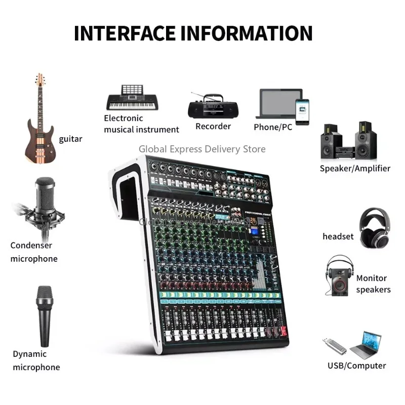 Profesjonalny mikser audio DSP, cyfrowy, 24-kanałowy, przenośny, do transmisji na żywo, konsola audio-wideo.