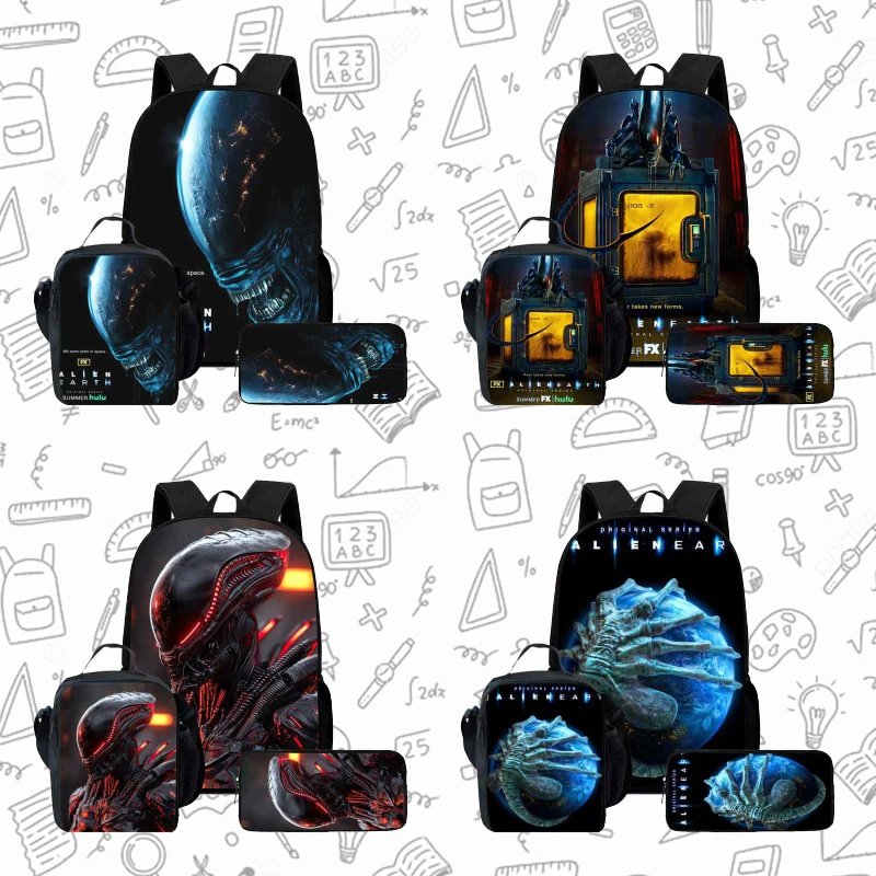 

Cartoon Alien:Earth Child School Backpack With Lunch Bags Pencil Bags For Age 4-9 ,Light Weight School Bags For Boys Girls